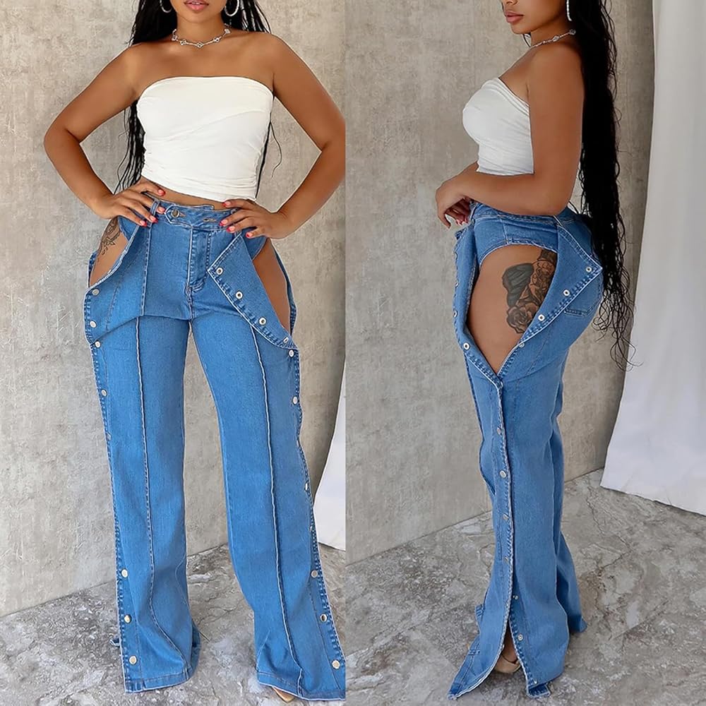 HGKPFGTF Blue,S, Womens High Waisted Jeans Side Button Down